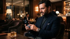 Uomo elegante messaggia