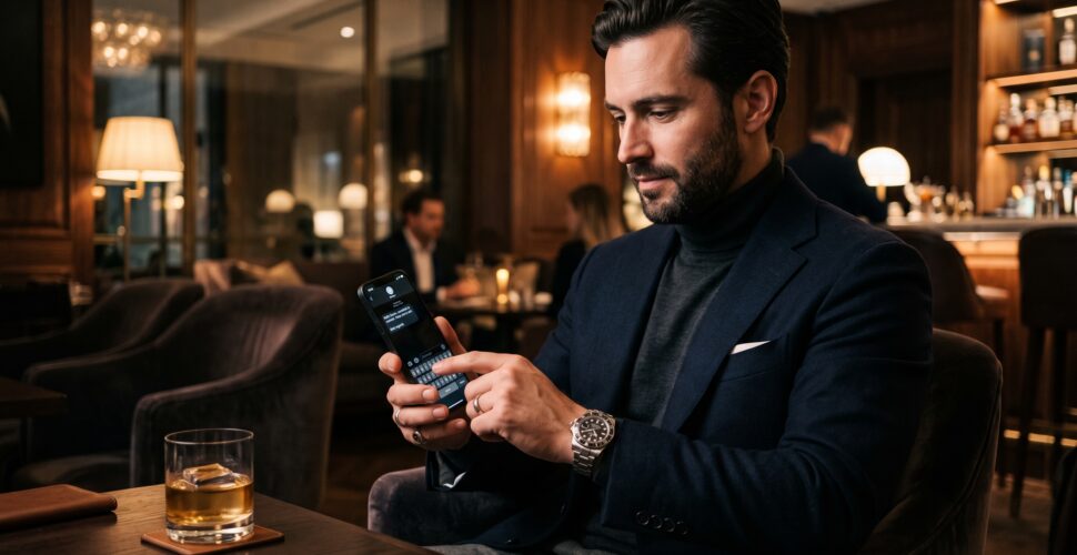 Uomo elegante messaggia